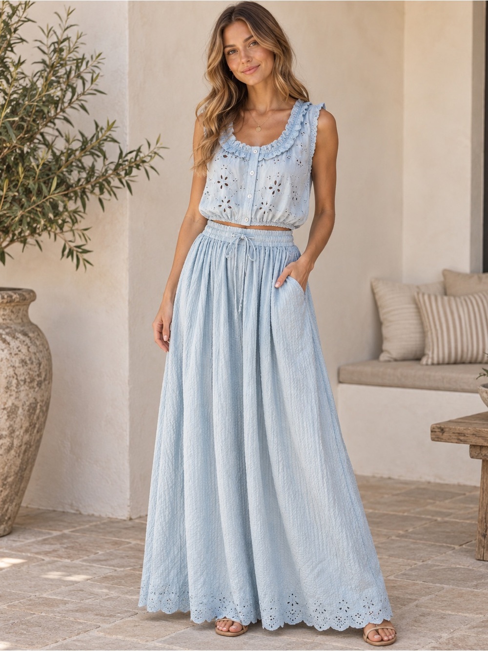 Free people new Women’s Light Blue Eyelet Maxi set — Breezy Summer Style size sm
